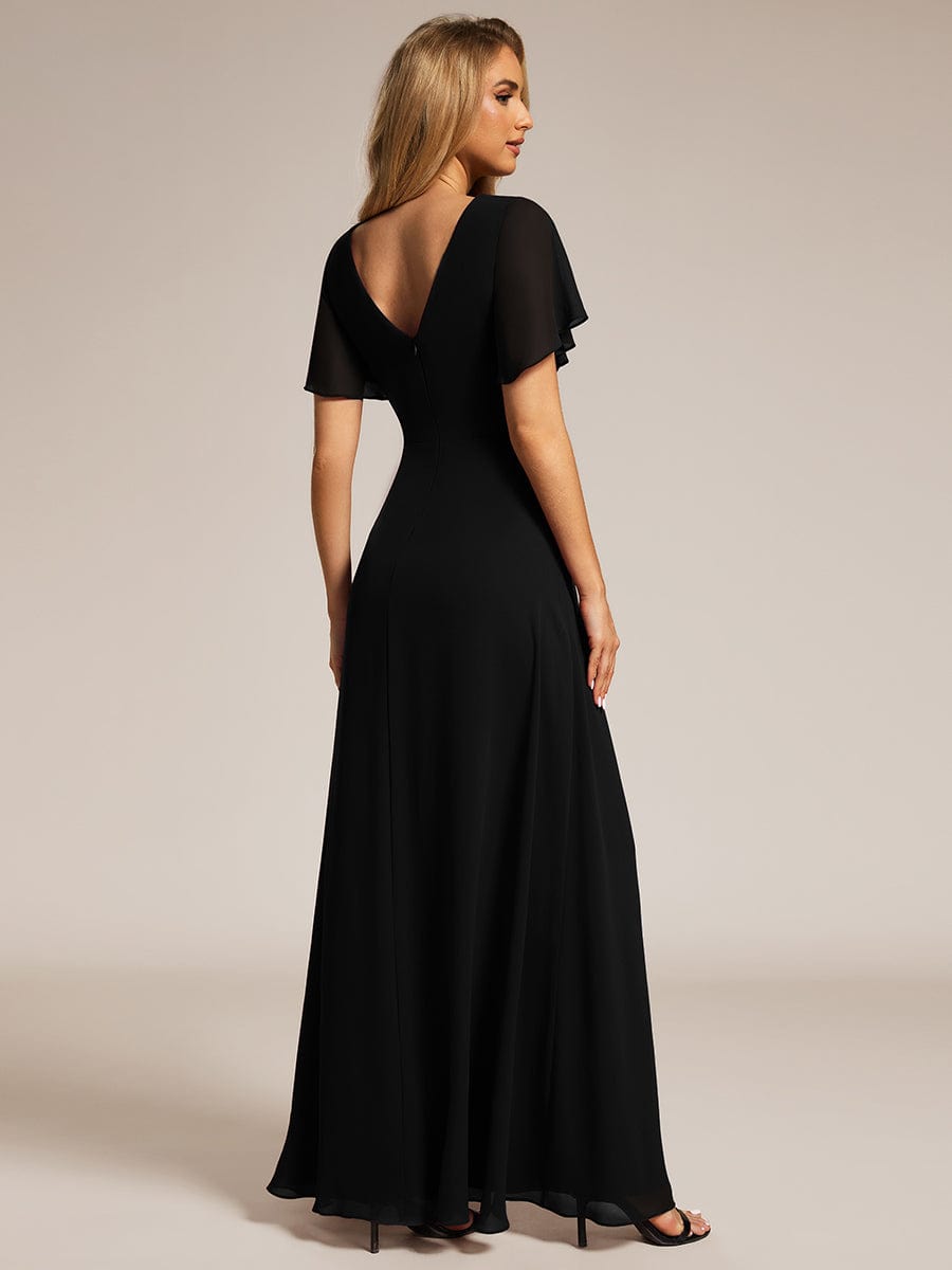 High Slit V-Neck Chiffon High Waist Bridesmaid Dress with Ruffle Sleeve #color_Black