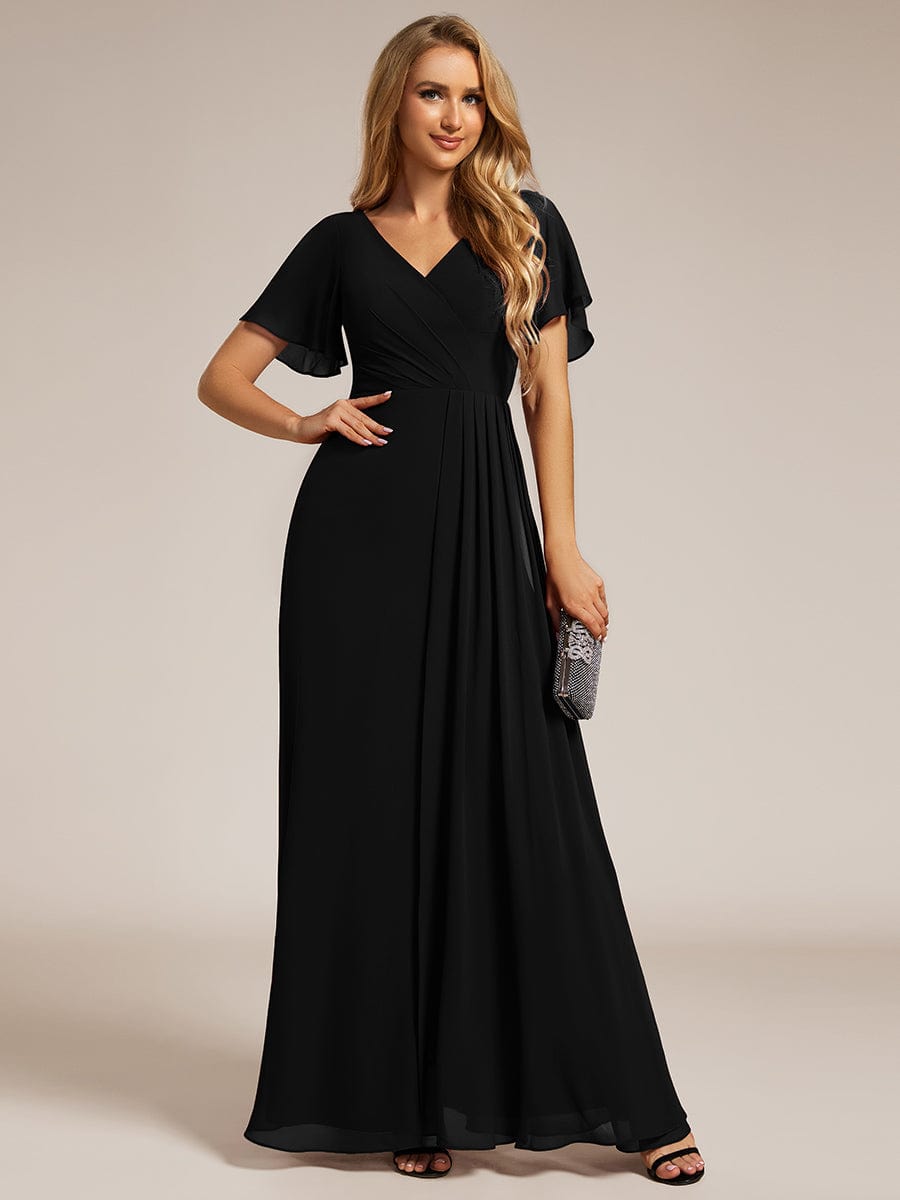 High Slit V-Neck Chiffon High Waist Bridesmaid Dress with Ruffle Sleeve #color_Black