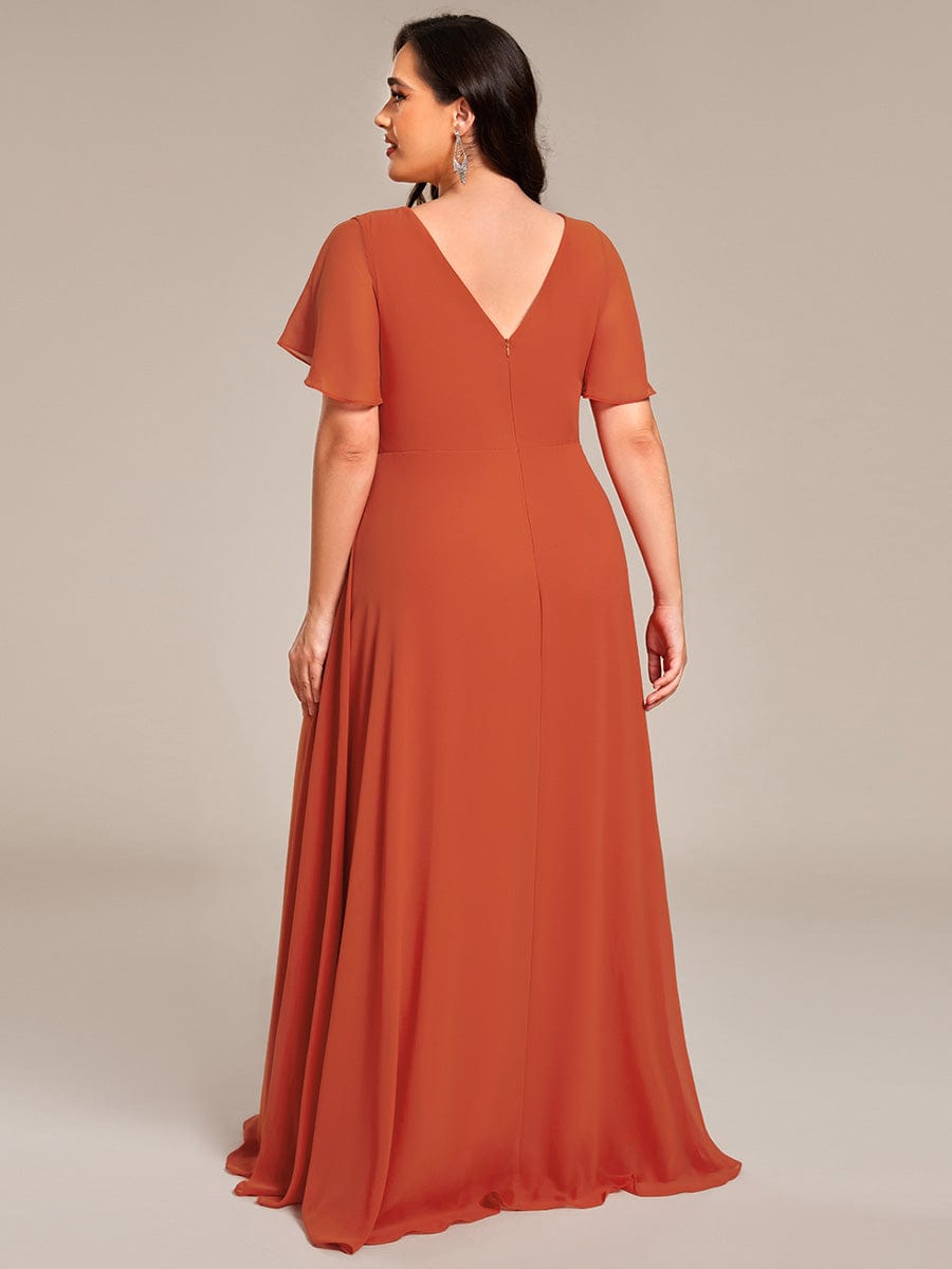 High Slit V-Neck Chiffon High Waist Bridesmaid Dress with Ruffle Sleeve #color_Burnt Orange