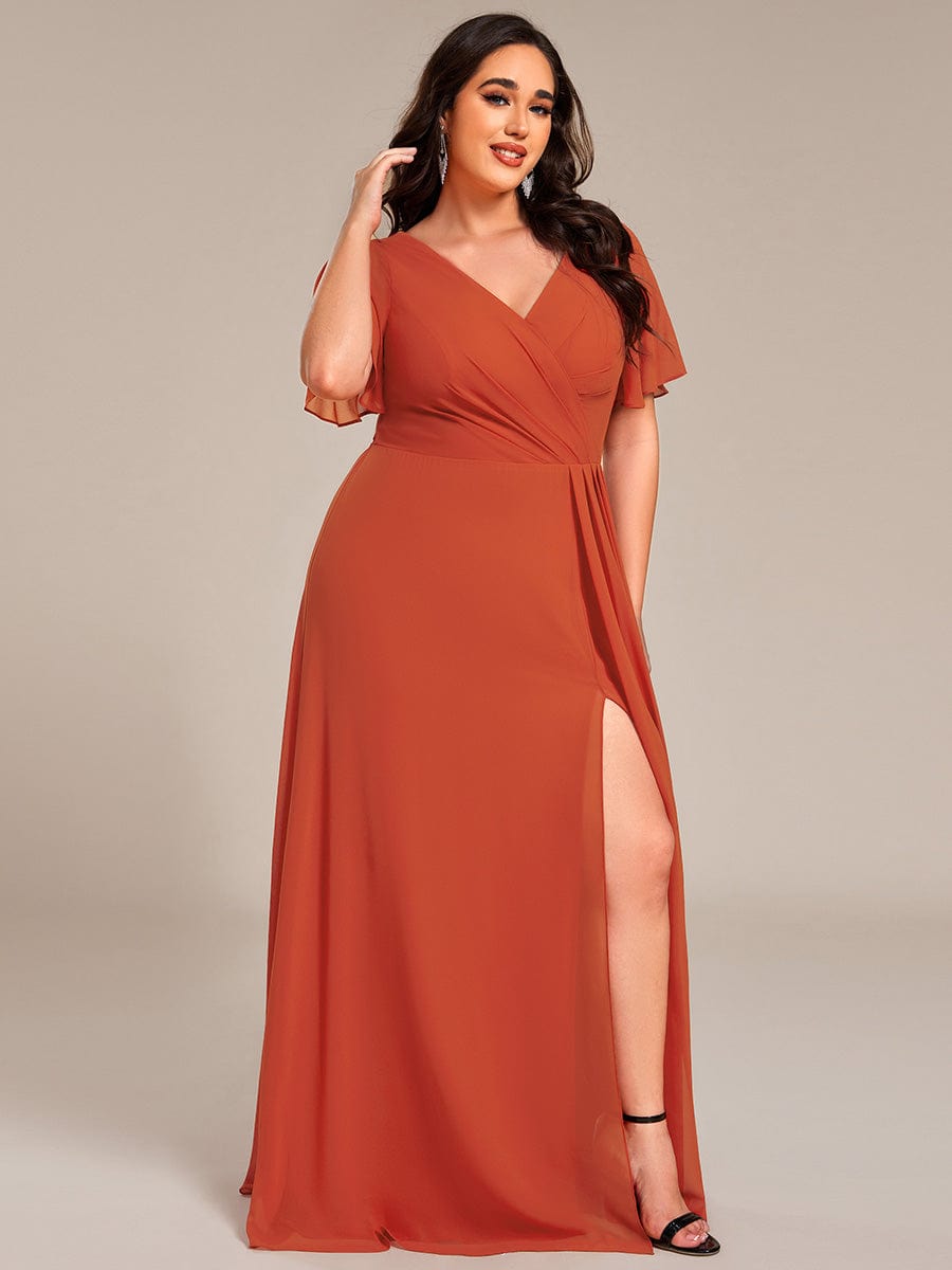 High Slit V-Neck Chiffon High Waist Bridesmaid Dress with Ruffle Sleeve #color_Burnt Orange