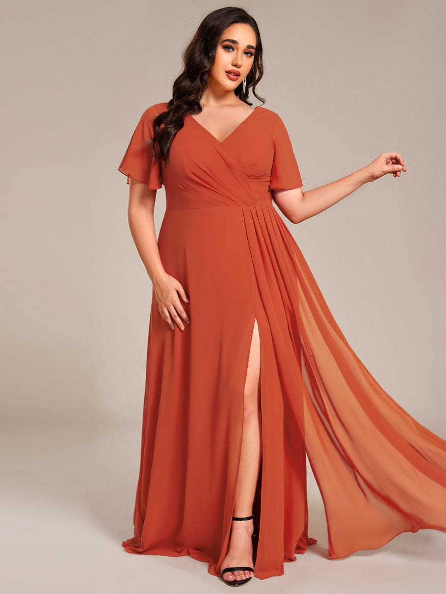 High Slit V-Neck Chiffon High Waist Bridesmaid Dress with Ruffle Sleeve #color_Burnt Orange