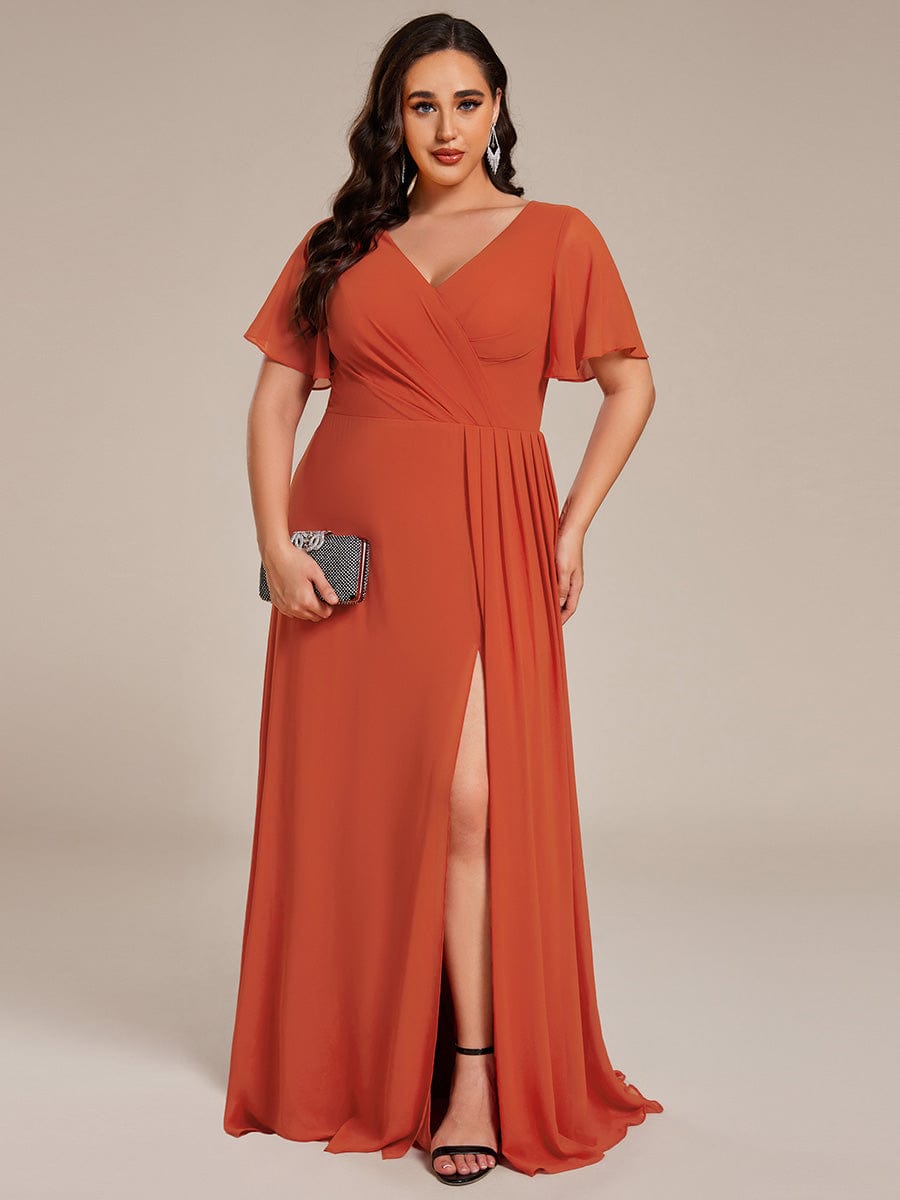 High Slit V-Neck Chiffon High Waist Bridesmaid Dress with Ruffle Sleeve #color_Burnt Orange