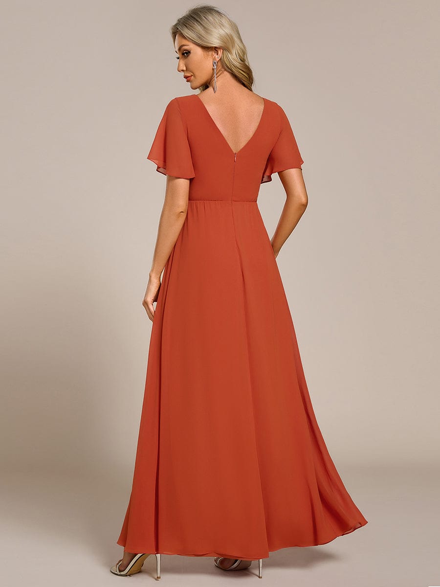 High Slit V-Neck Chiffon High Waist Bridesmaid Dress with Ruffle Sleeve #color_Burnt Orange