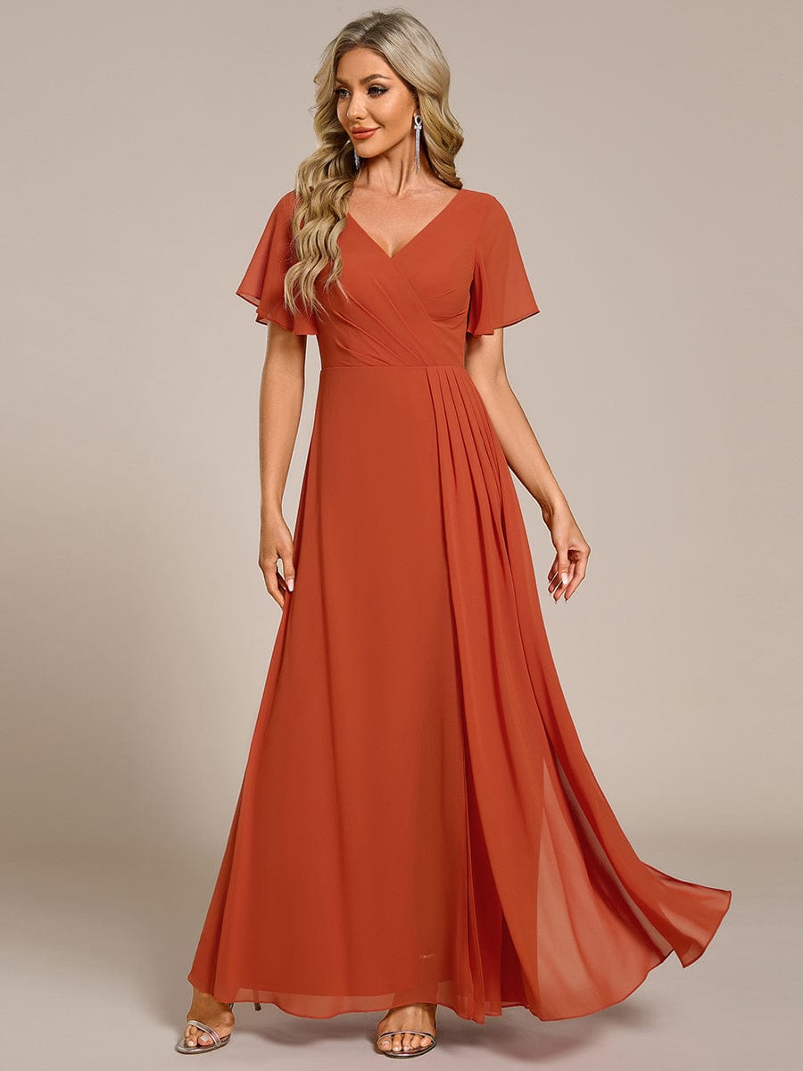 High Slit V-Neck Chiffon High Waist Bridesmaid Dress with Ruffle Sleeve #color_Burnt Orange