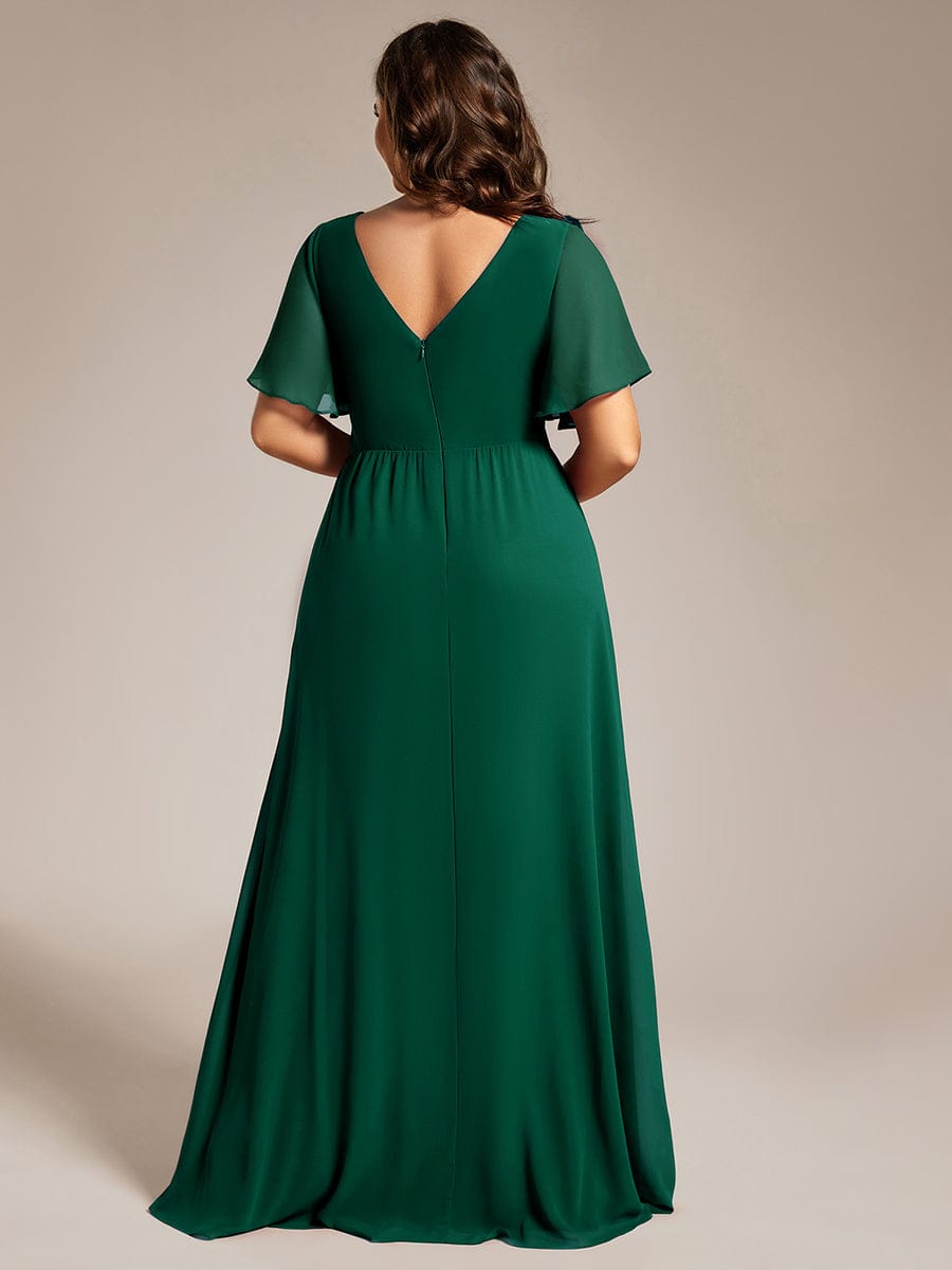 High Slit V-Neck Chiffon High Waist Bridesmaid Dress with Ruffle Sleeve #color_Dark Green