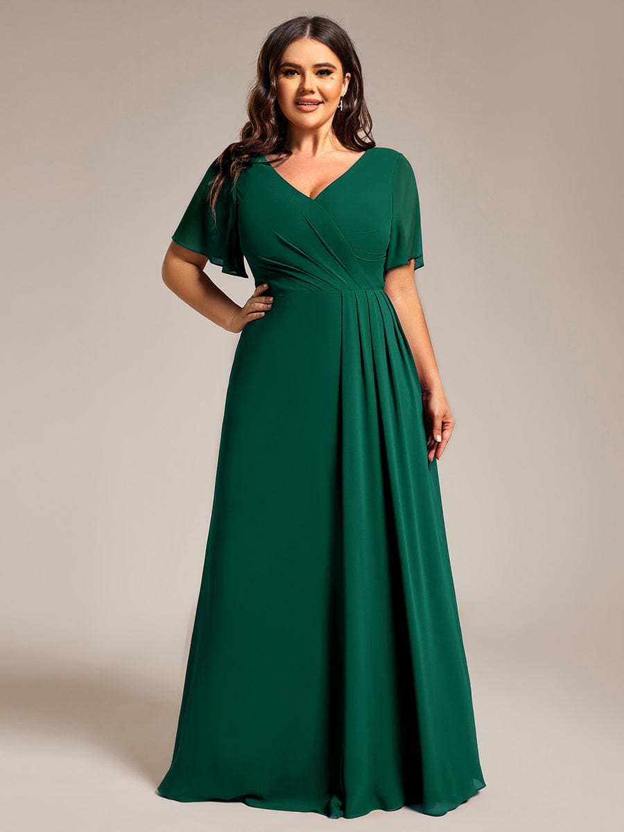 High Slit V-Neck Chiffon High Waist Bridesmaid Dress with Ruffle Sleeve #color_Dark Green