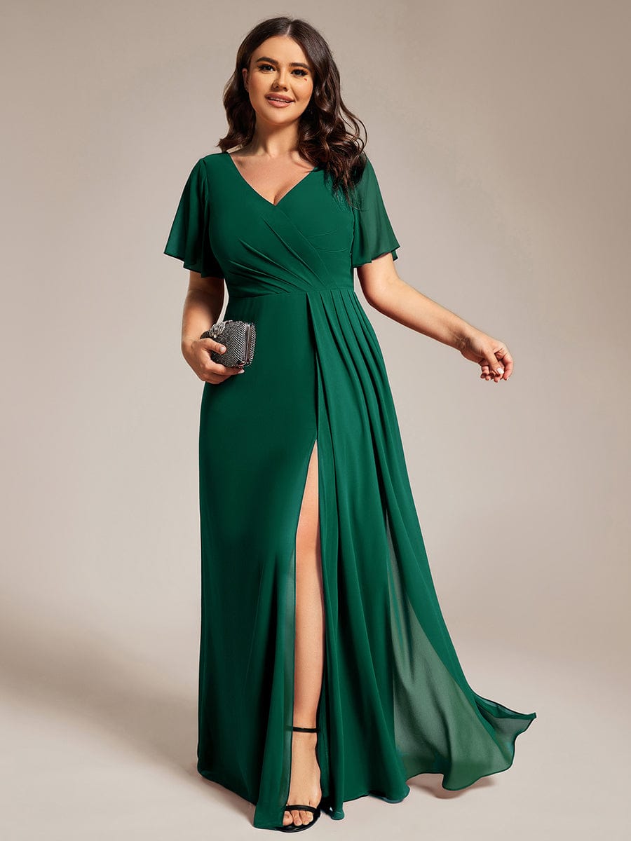 High Slit V-Neck Chiffon High Waist Bridesmaid Dress with Ruffle Sleeve #color_Dark Green