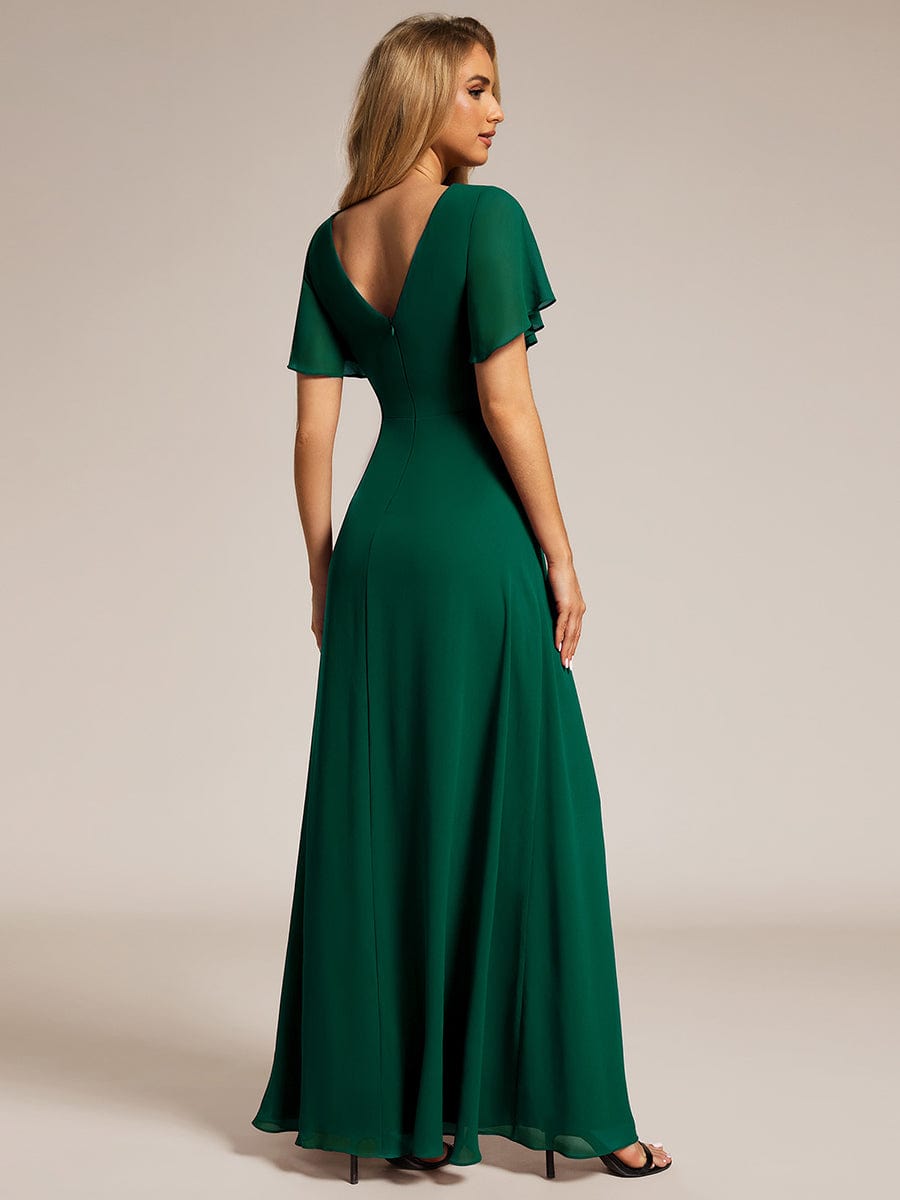 High Slit V-Neck Chiffon High Waist Bridesmaid Dress with Ruffle Sleeve #color_Dark Green