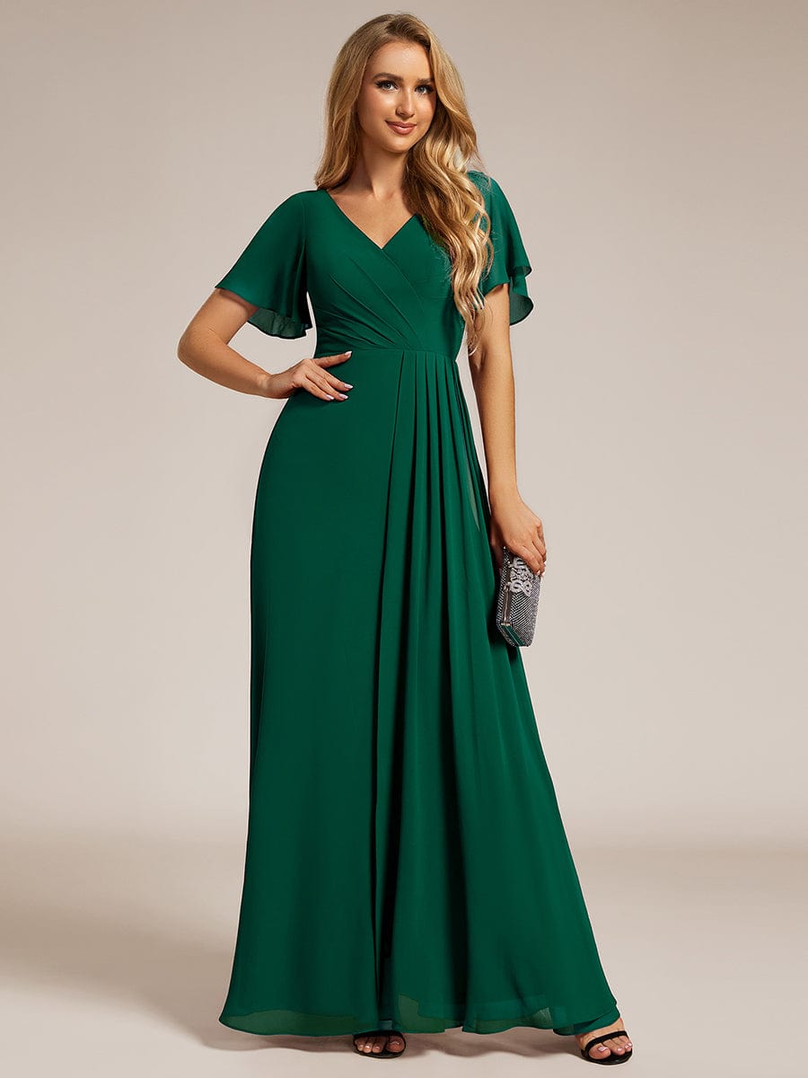 High Slit V-Neck Chiffon High Waist Bridesmaid Dress with Ruffle Sleeve #color_Dark Green