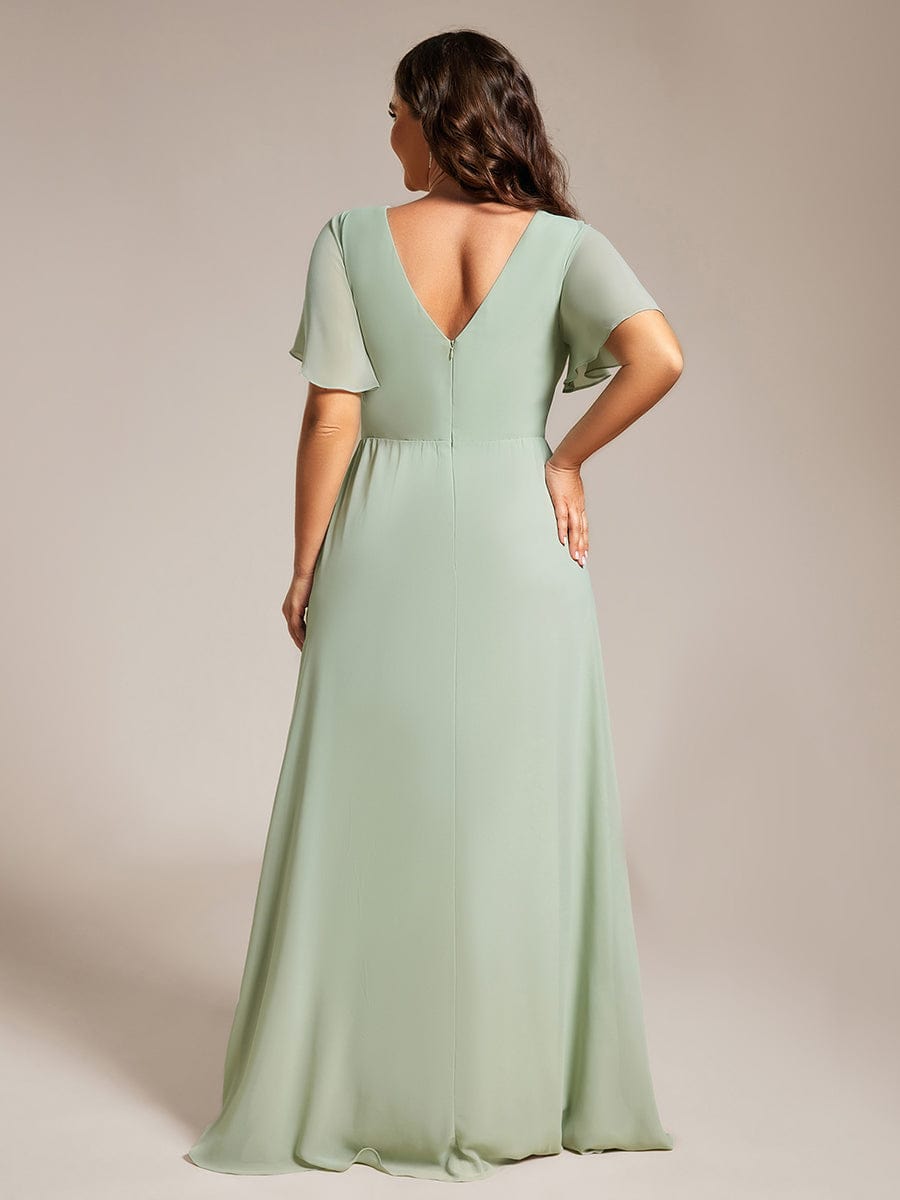 High Slit V-Neck Chiffon High Waist Bridesmaid Dress with Ruffle Sleeve #color_Mint Green