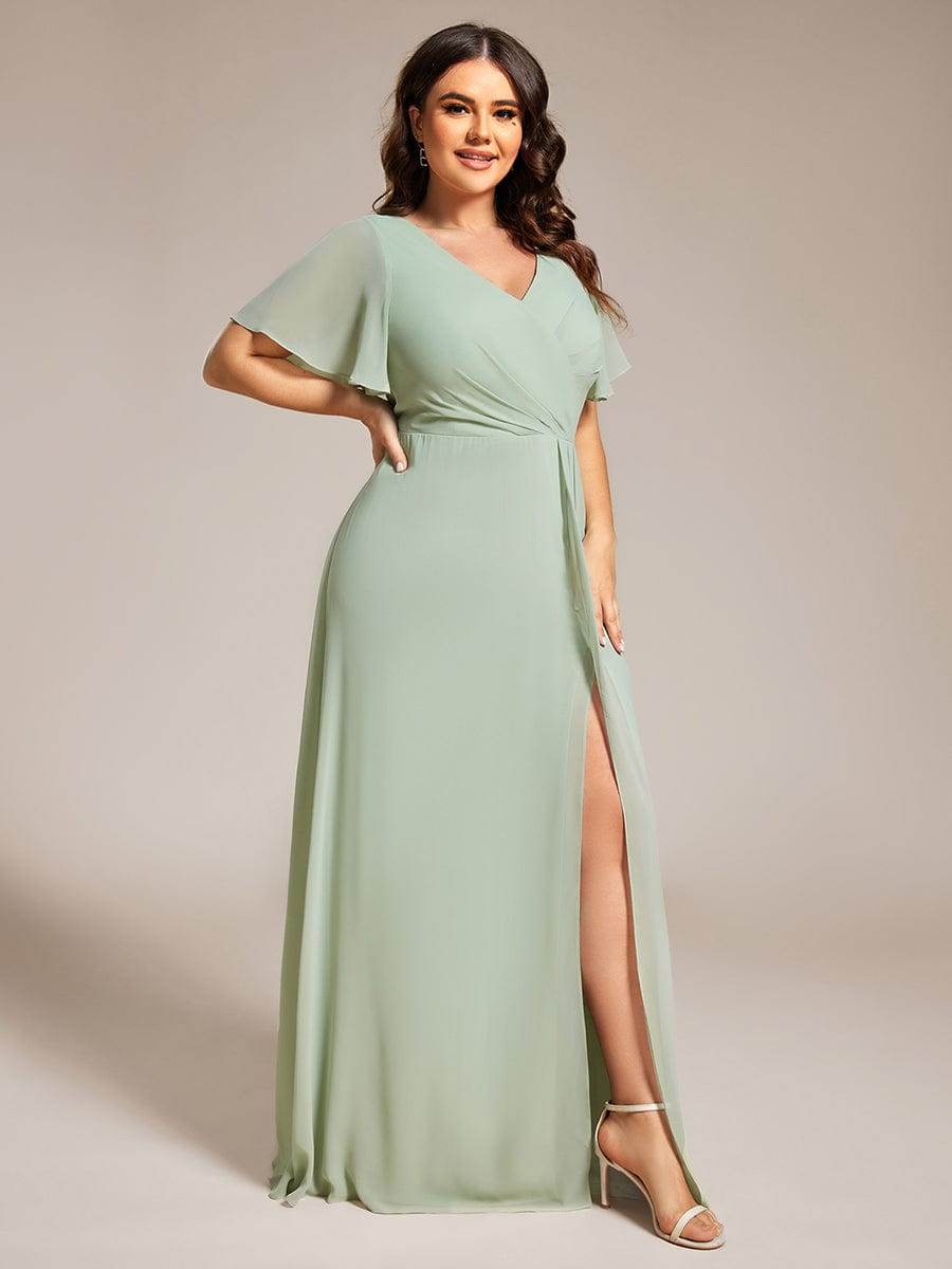 High Slit V-Neck Chiffon High Waist Bridesmaid Dress with Ruffle Sleeve #color_Mint Green