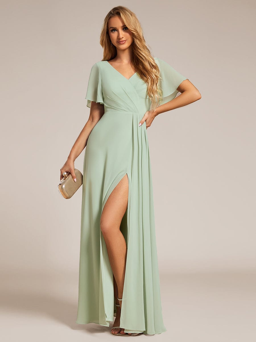 High Slit V-Neck Chiffon High Waist Bridesmaid Dress with Ruffle Sleeve #color_Mint Green