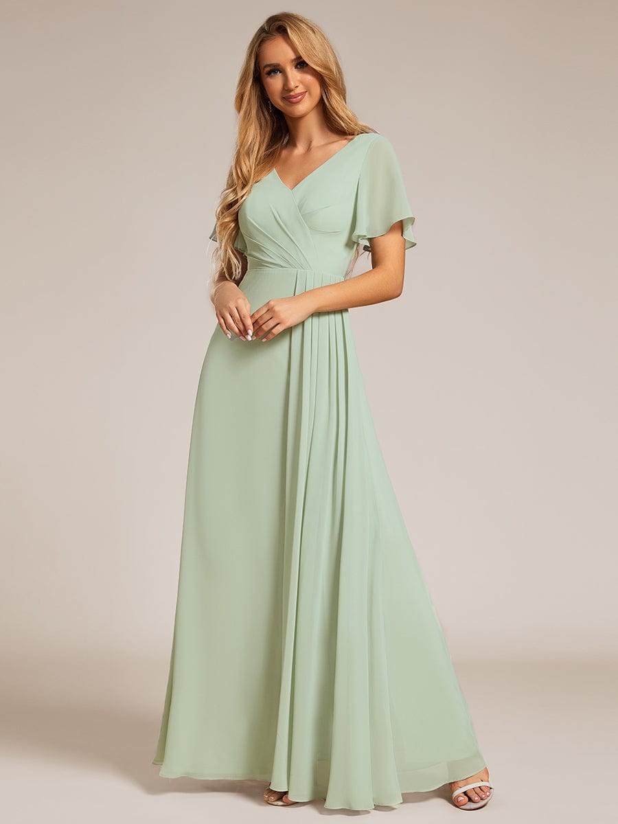 High Slit V-Neck Chiffon High Waist Bridesmaid Dress with Ruffle Sleeve #color_Mint Green