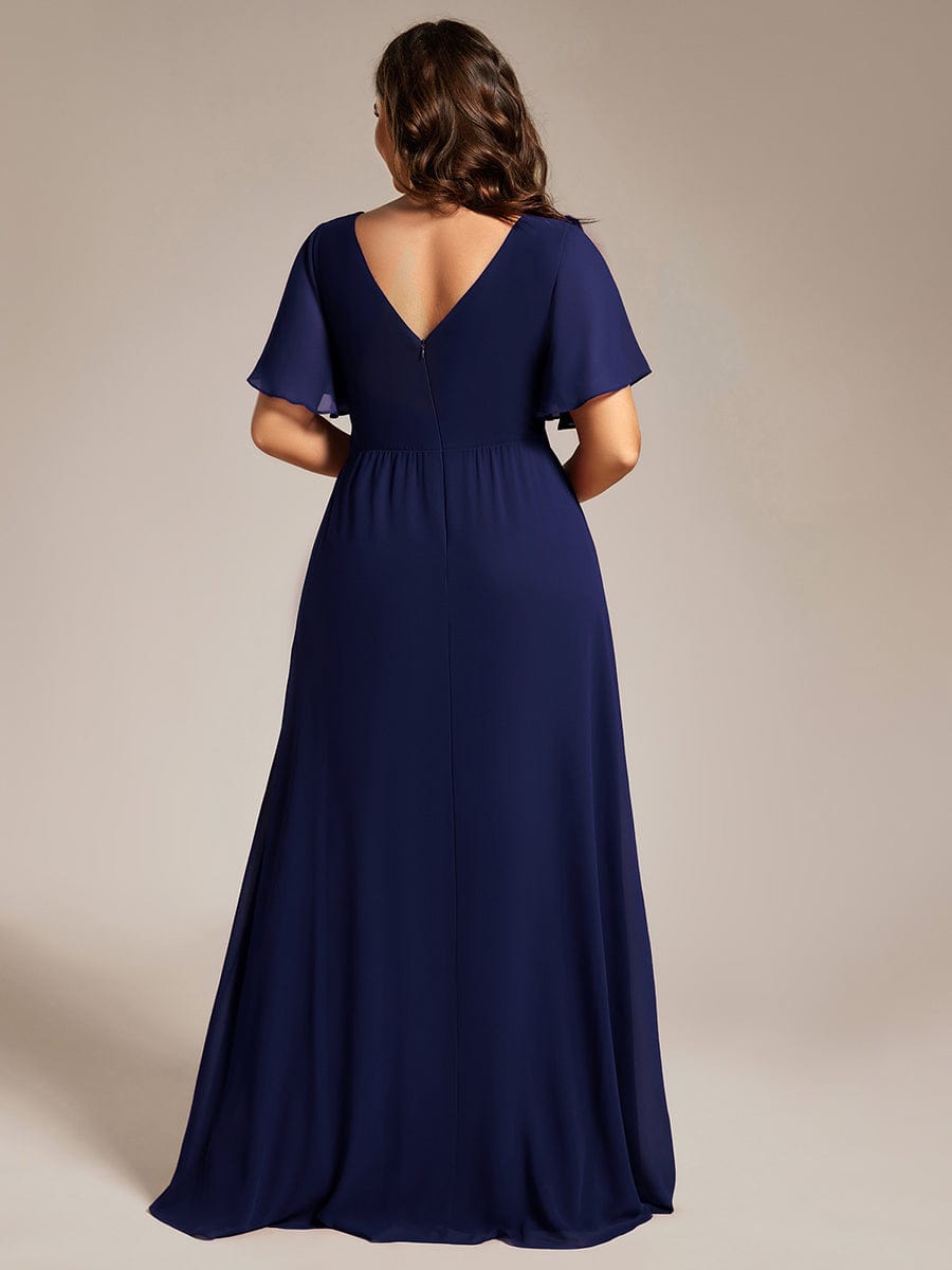 High Slit V-Neck Chiffon High Waist Bridesmaid Dress with Ruffle Sleeve #color_Navy Blue