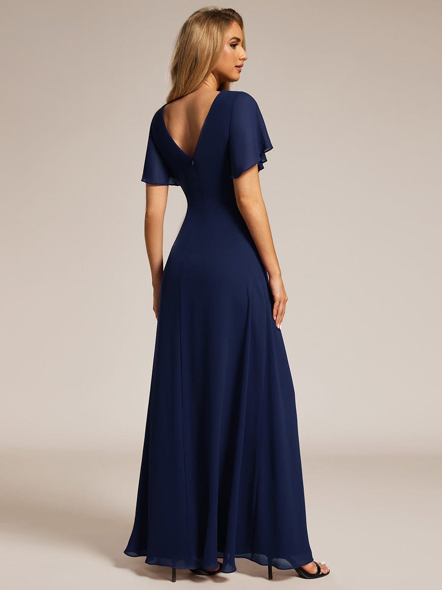 High Slit V-Neck Chiffon High Waist Bridesmaid Dress with Ruffle Sleeve #color_Navy Blue