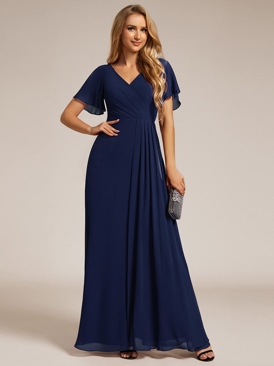 High Slit V-Neck Chiffon High Waist Bridesmaid Dress with Ruffle Sleeve #color_Navy Blue