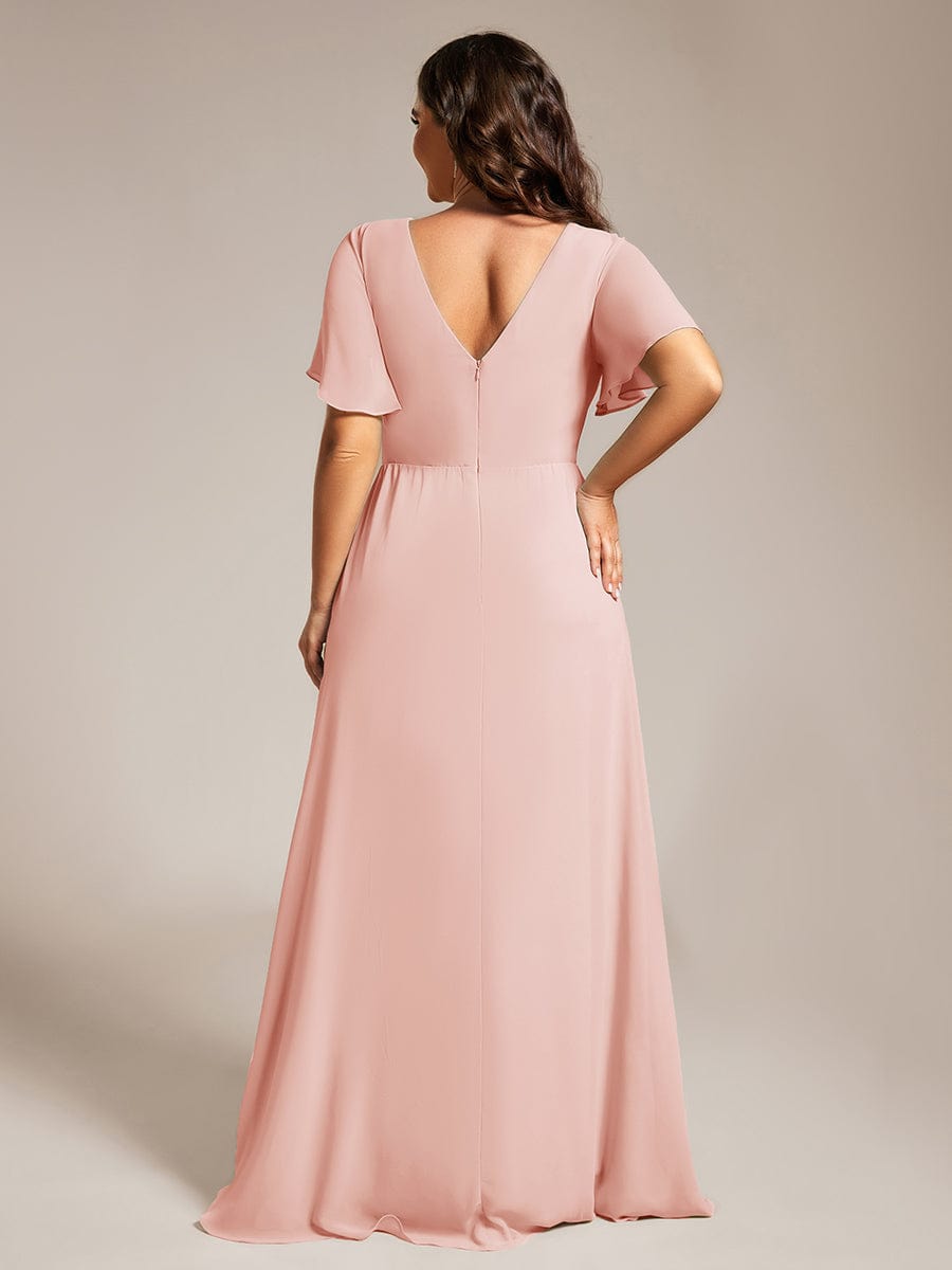 High Slit V-Neck Chiffon High Waist Bridesmaid Dress with Ruffle Sleeve #color_Pink