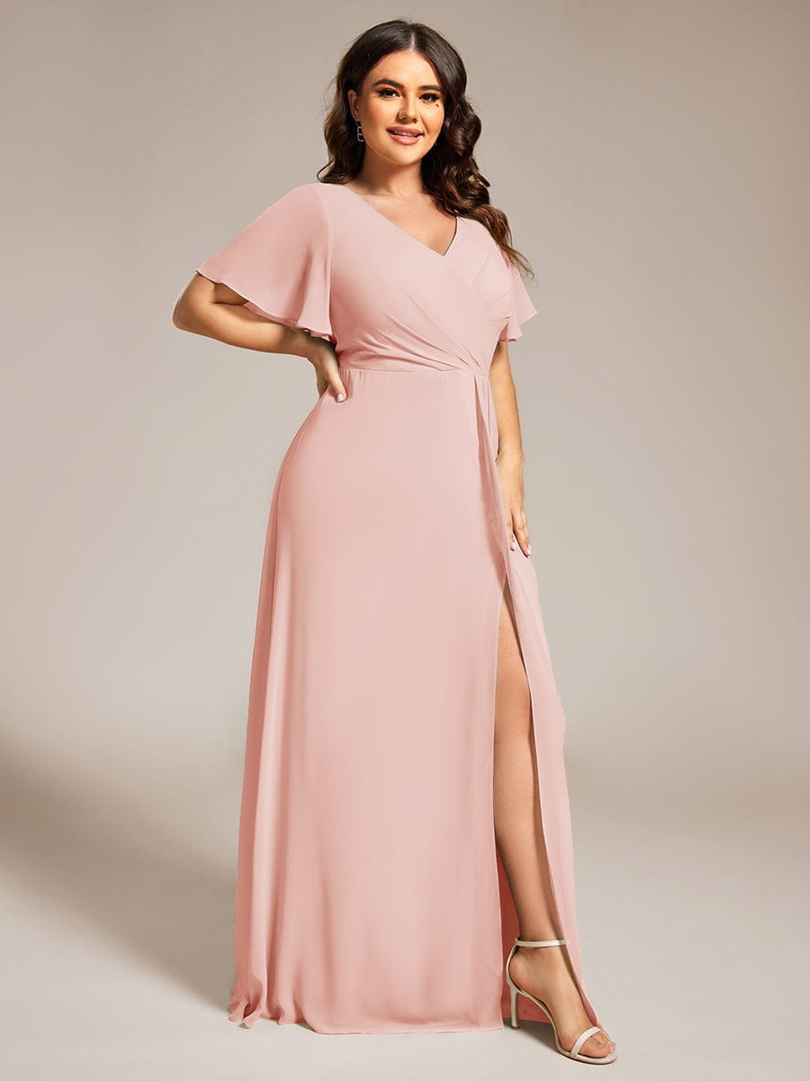 High Slit V-Neck Chiffon High Waist Bridesmaid Dress with Ruffle Sleeve #color_Pink