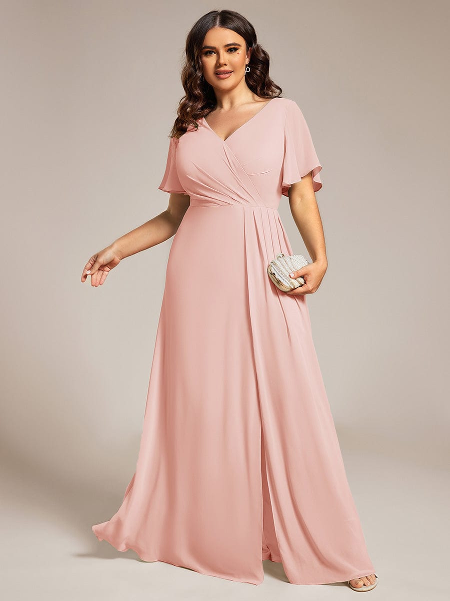 High Slit V-Neck Chiffon High Waist Bridesmaid Dress with Ruffle Sleeve #color_Pink