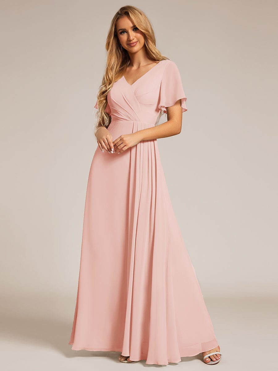 High Slit V-Neck Chiffon High Waist Bridesmaid Dress with Ruffle Sleeve #color_Pink