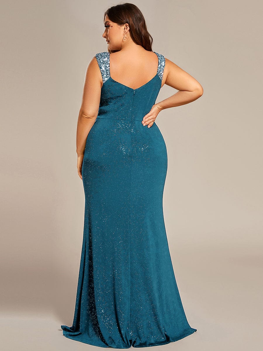 Glitter V-Neck High Slit Sequin Shoulder Strap Evening Dress #color_Teal