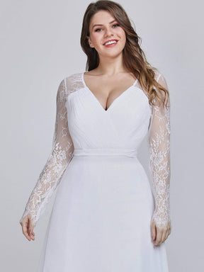Color=White | Plus Size V Neck Long Evening Gown With Lace Sleeves-White 5