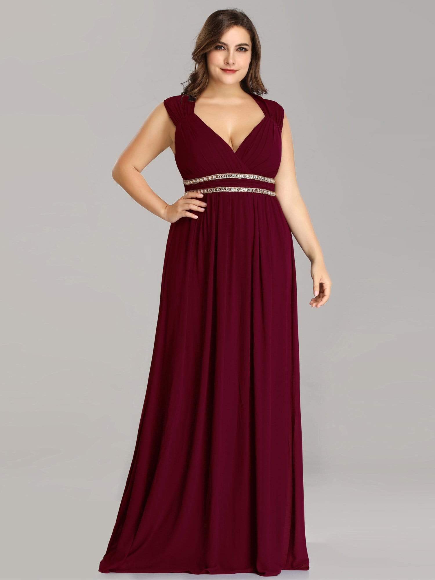 Color=Burgundy | Plus Size Sleeveless Grecian Style Evening Dress-Burgundy 3
