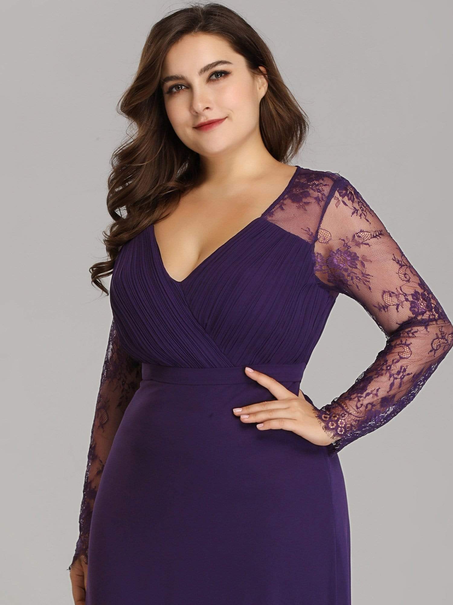 Color=Dark Purple | Plus Size V Neck Long Evening Gown With Lace Sleeves-Dark Purple 4