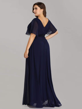 COLOR=Navy Blue | Plus Size Long Empire Waist Evening Dress With Short Flutter Sleeves-Navy Blue 4
