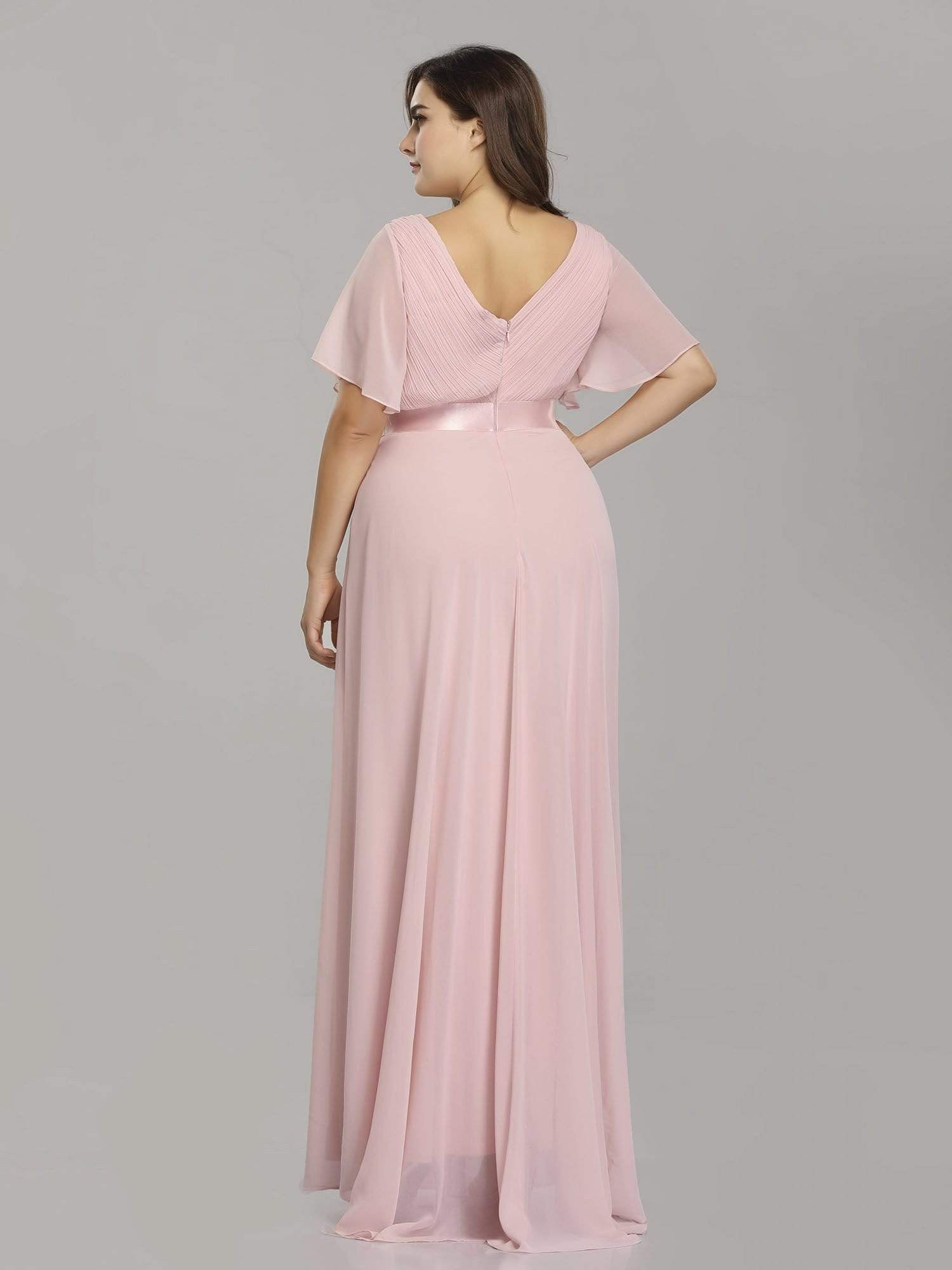 COLOR=Pink | Plus Size Long Empire Waist Evening Dress With Short Flutter Sleeves-Pink 4