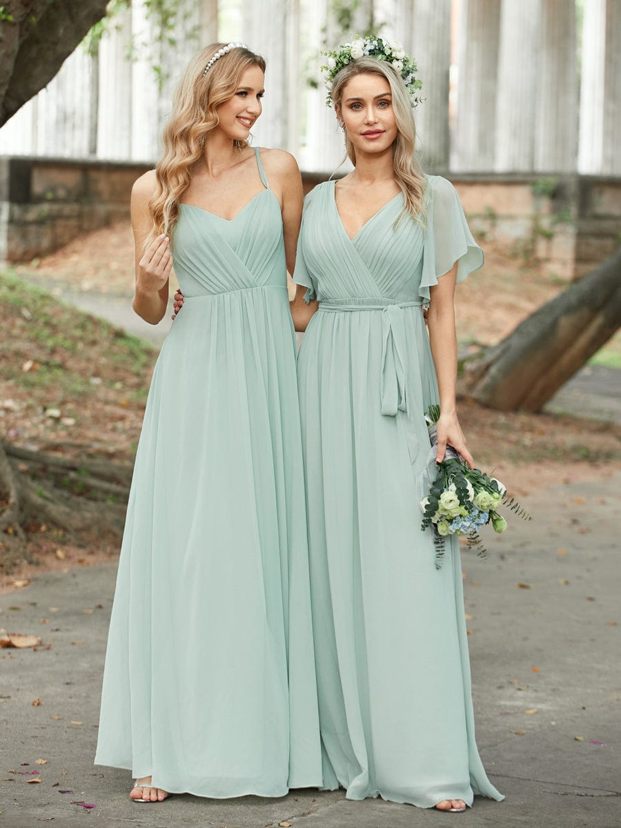 V-Neck Flutter Sleeve Floor-Length A-Line Chiffon Evening Dress #color_Mint Green