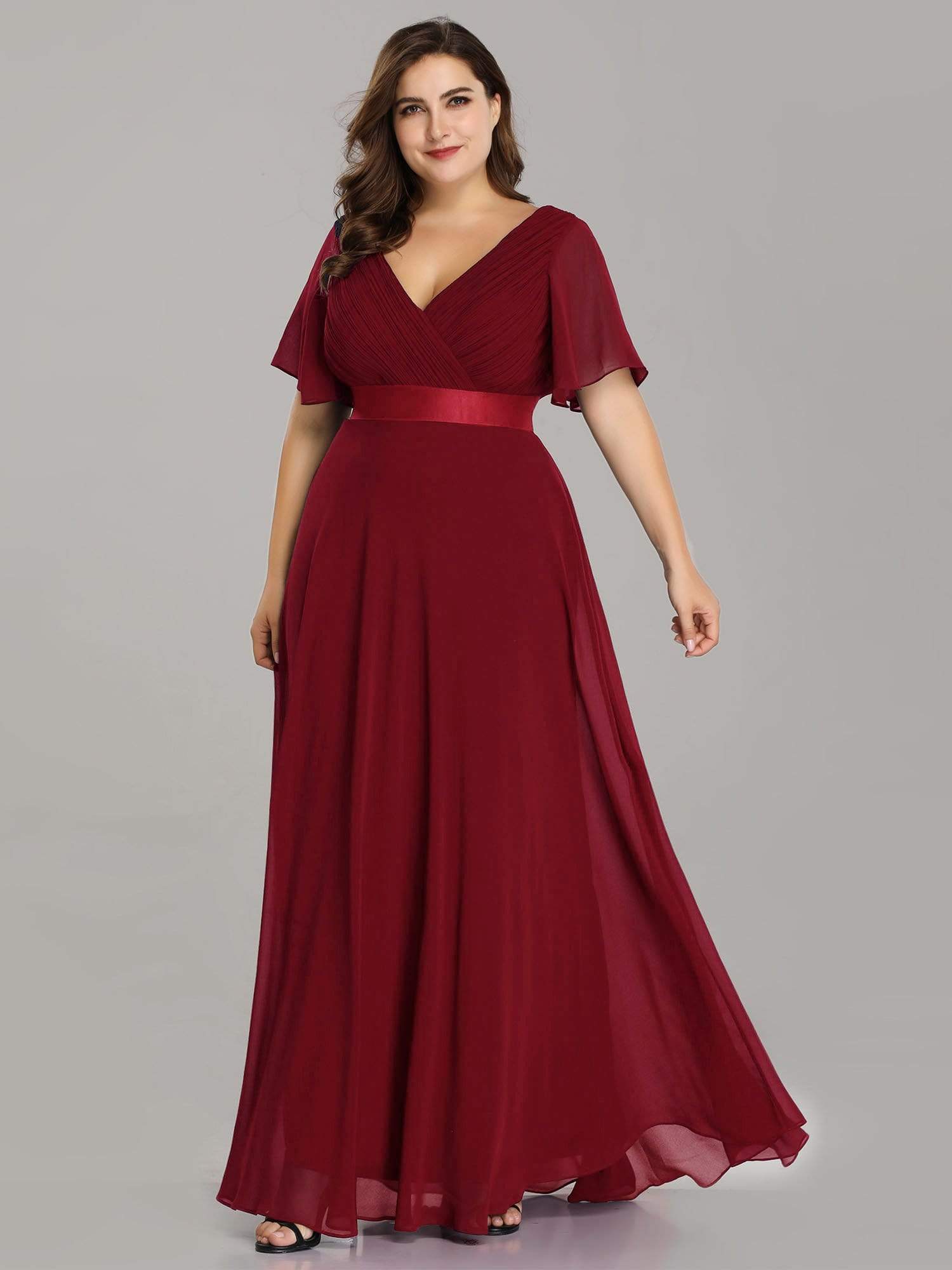 COLOR=Burgundy | Plus Size Long Empire Waist Evening Dress With Short Flutter Sleeves-Burgundy 3