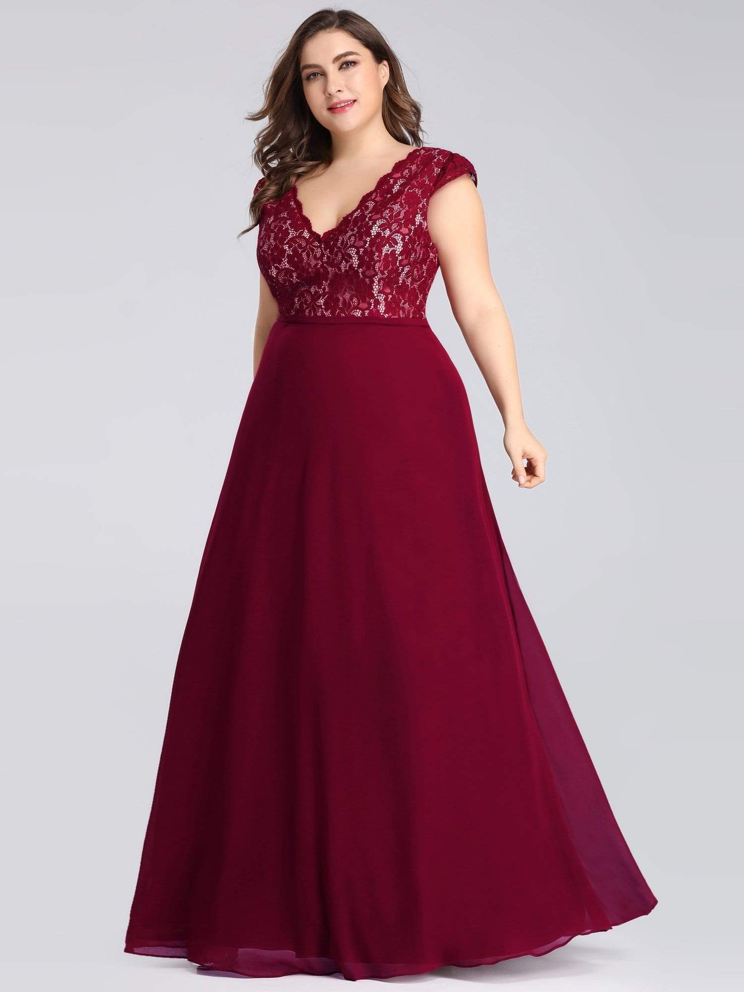 Color=Burgundy | Plus Size Long Evening Dress With Lace Bust-Burgundy 1
