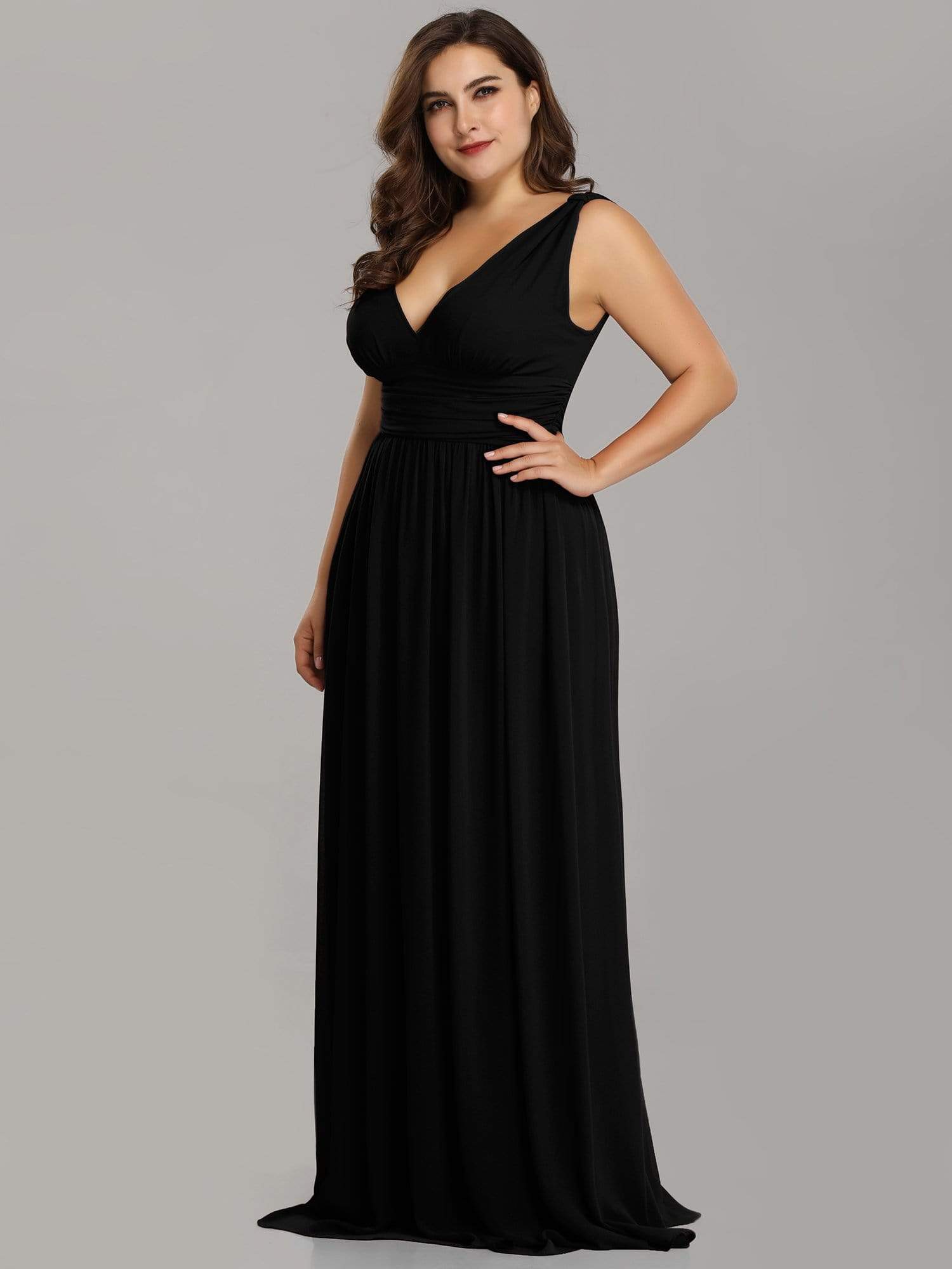 Color=Black | Plus Size Sleeveless V-Neck Semi-Formal Chiffon Maxi Dress-Black 2