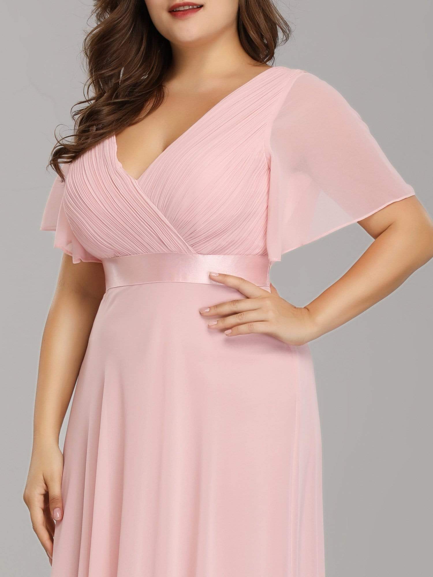 COLOR=Pink | Plus Size Long Empire Waist Evening Dress With Short Flutter Sleeves-Pink 5