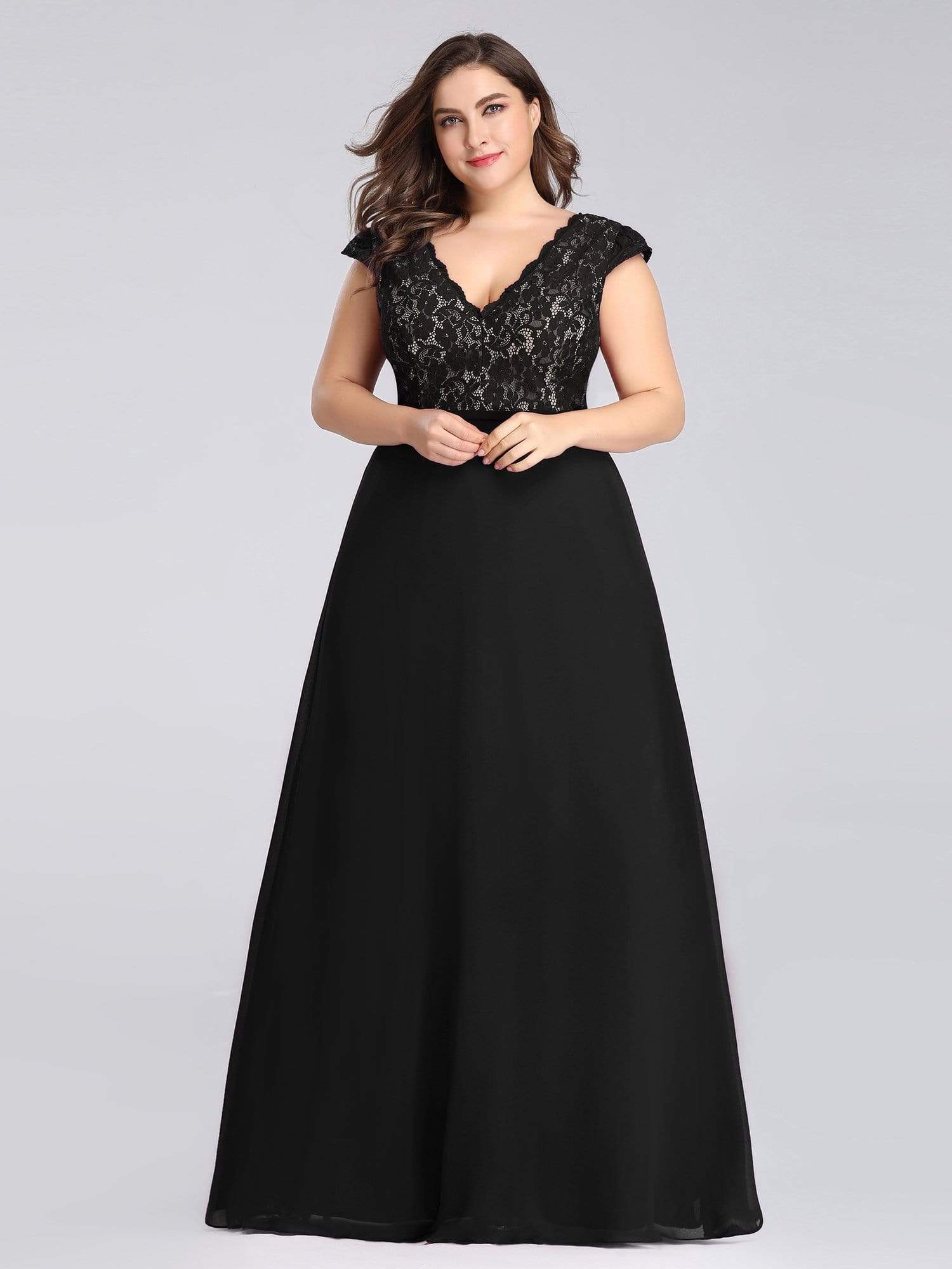 Color=Black | Plus Size Long Evening Dress With Lace Bust-Black 4