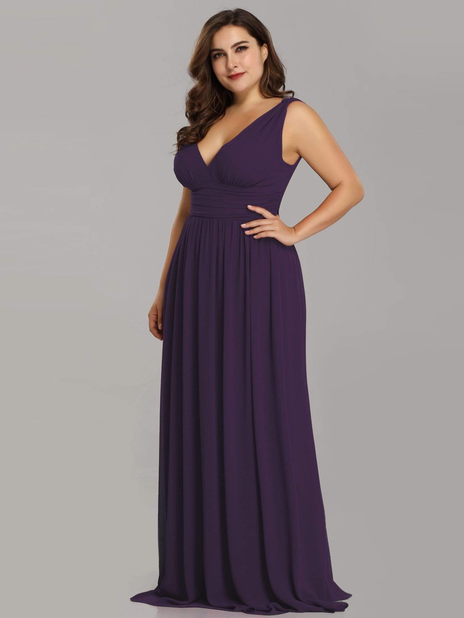 Color=Dark Purple | Plus Size Sleeveless V-Neck Semi-Formal Chiffon Maxi Dress-Dark Purple 3