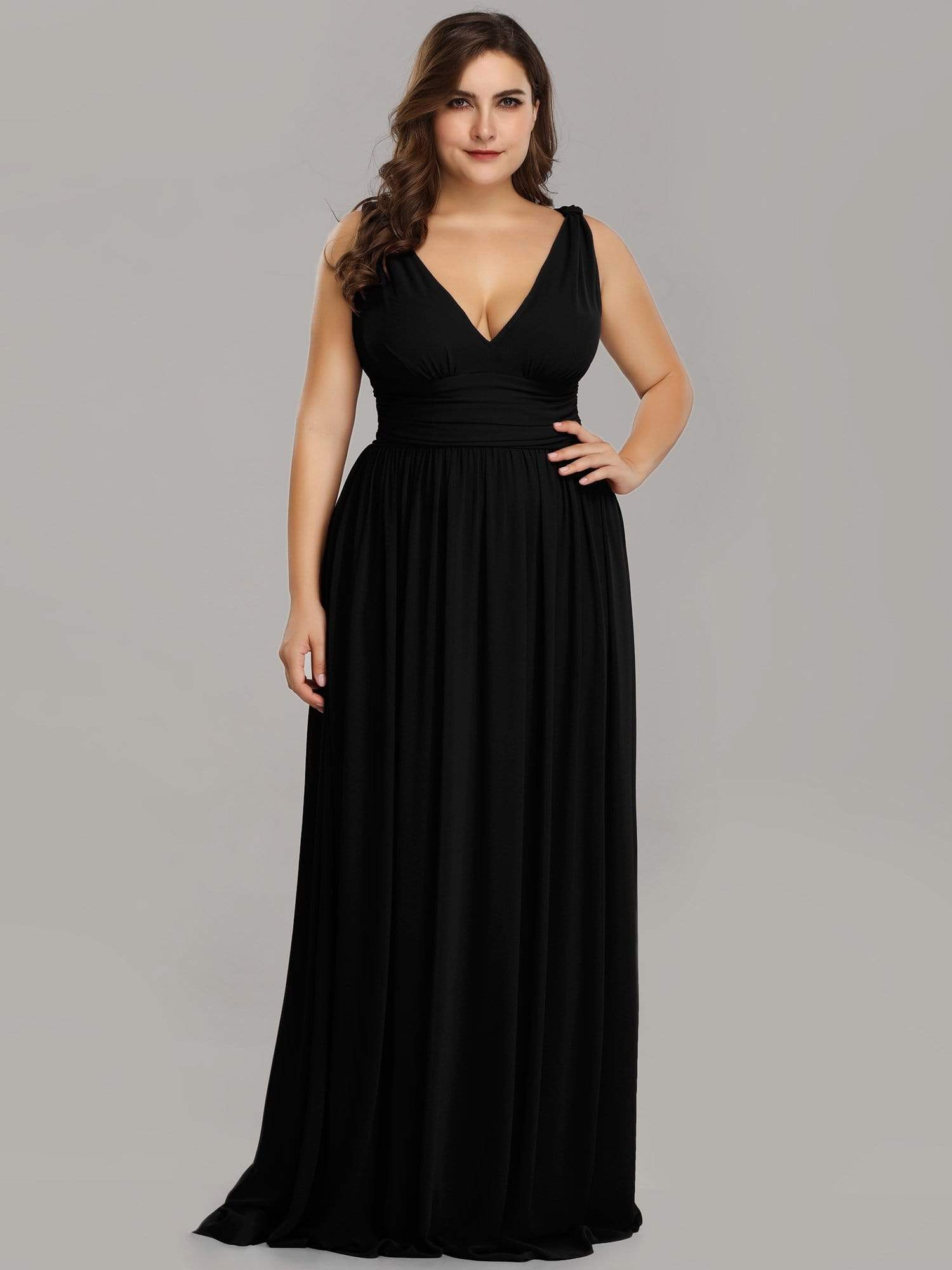Color=Black | Plus Size Sleeveless V-Neck Semi-Formal Chiffon Maxi Dress-Black 1