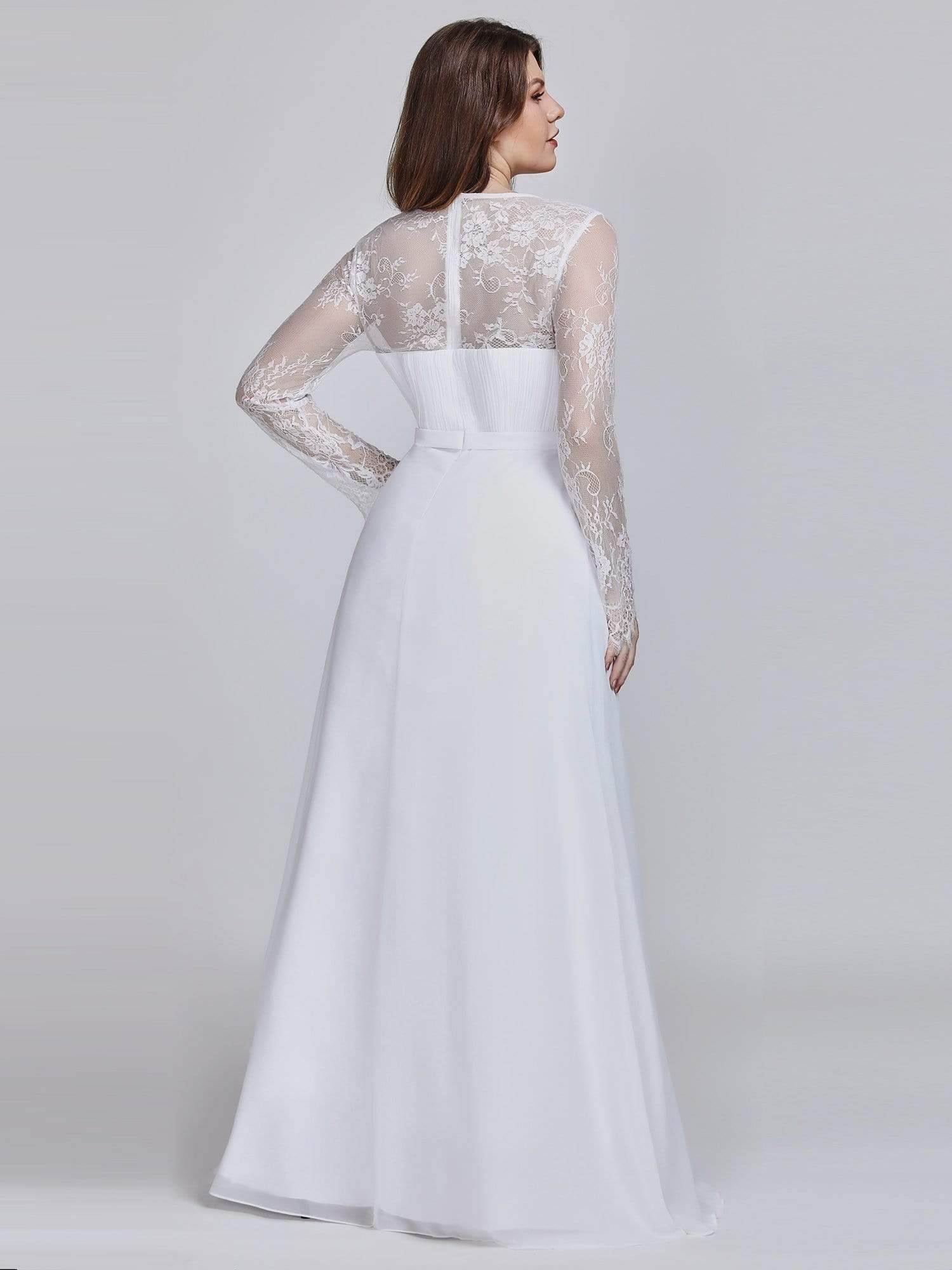 Color=White | Plus Size V Neck Long Evening Gown With Lace Sleeves-White 4