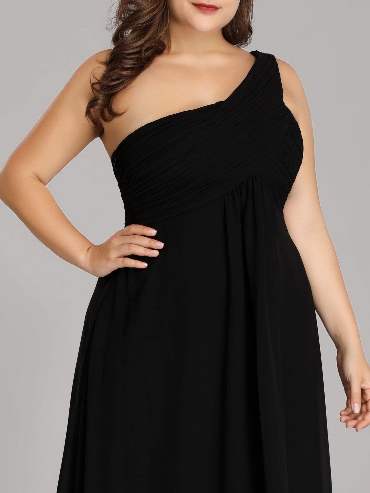 Color=Black | Plus Size One Shoulder Evening Dress-Black 5