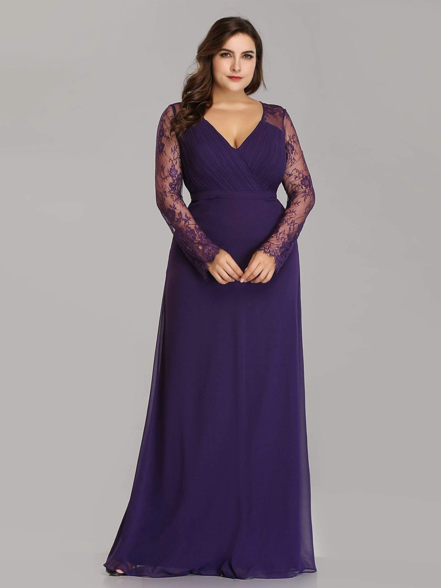 Color=Dark Purple | Plus Size V Neck Long Evening Gown With Lace Sleeves-Dark Purple 2