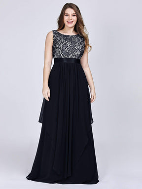 Color=Black | Plus Size Sleeveless Long Evening Dress With Lace Bodice-Black 1