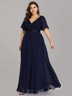COLOR=Navy Blue | Plus Size Long Empire Waist Evening Dress With Short Flutter Sleeves-Navy Blue 3