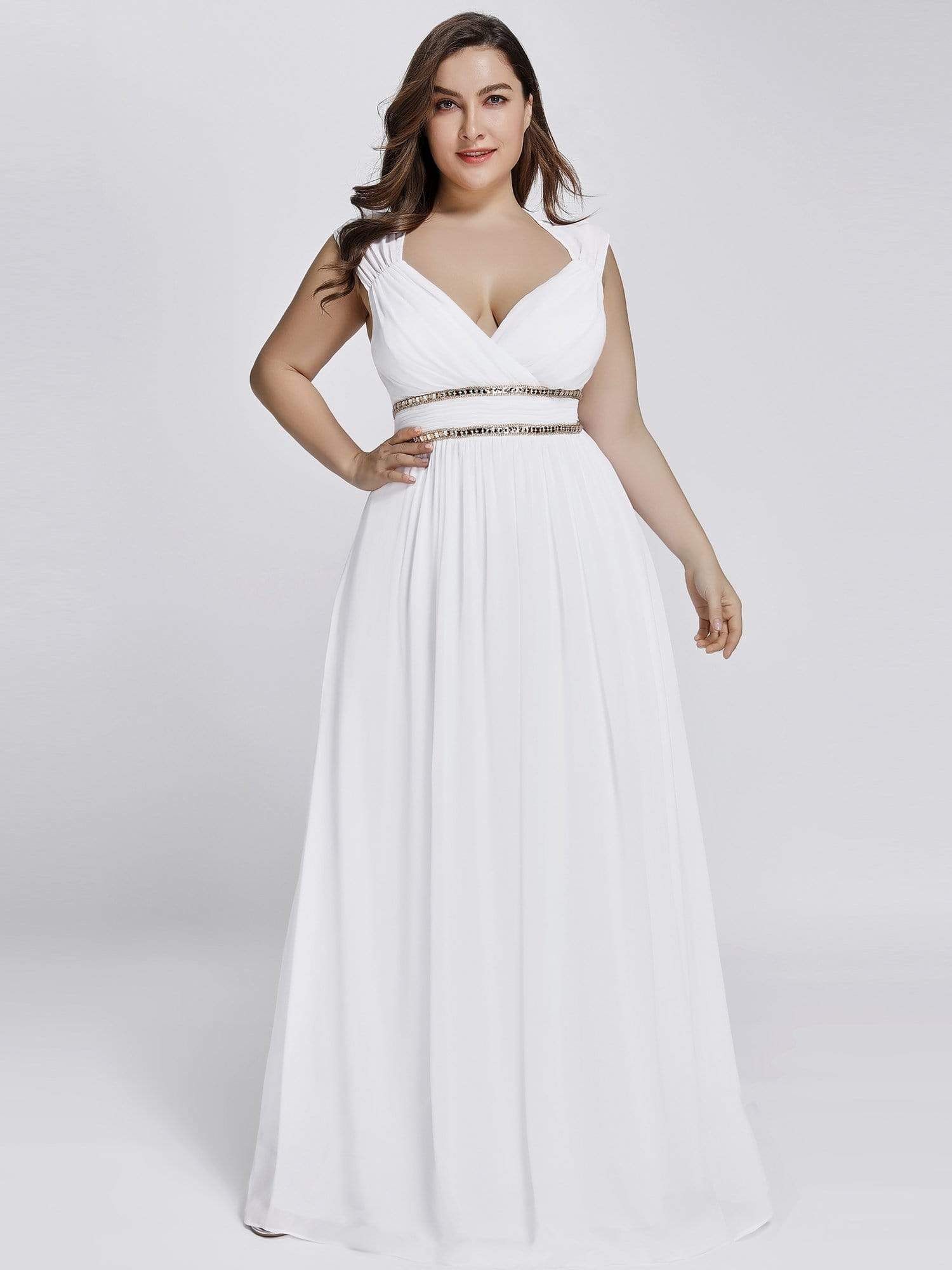 Color=White | Plus Size Sleeveless Grecian Style Evening Dress-White 1