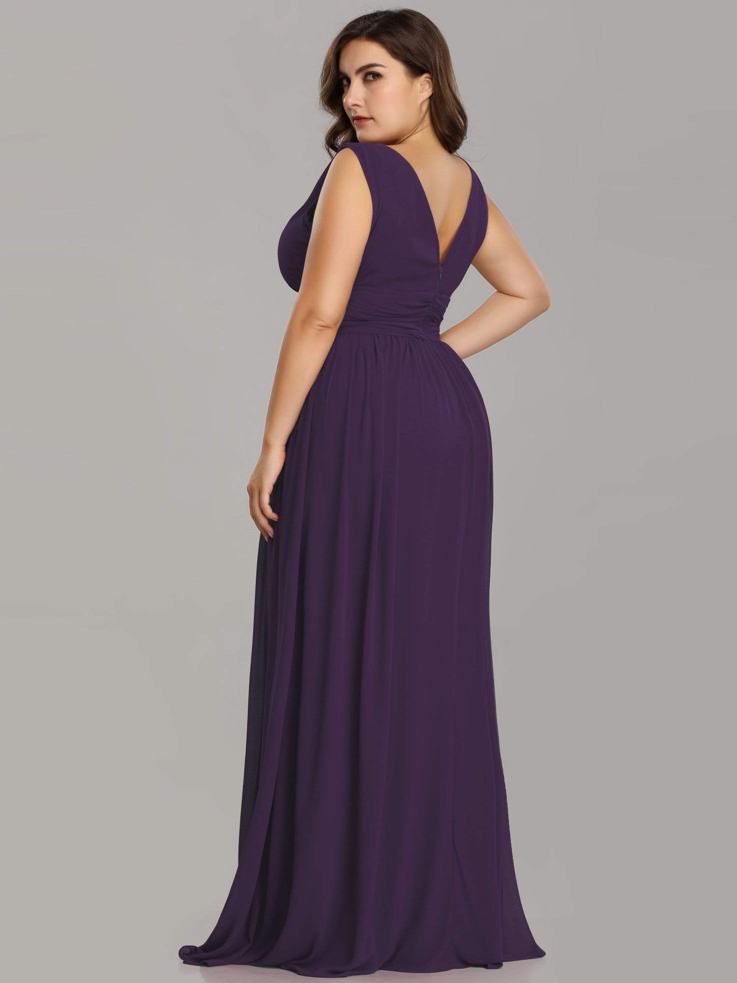 Color=Dark Purple | Plus Size Sleeveless V-Neck Semi-Formal Chiffon Maxi Dress-Dark Purple 4