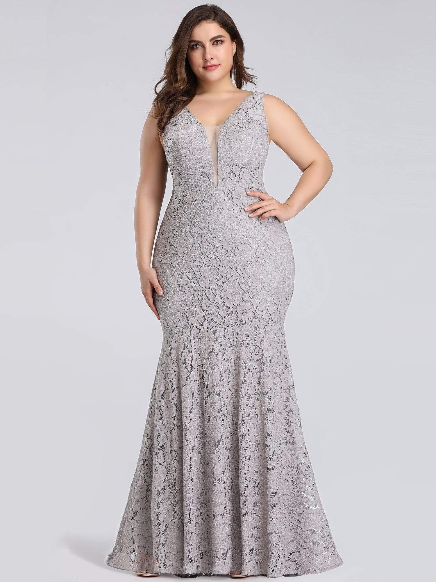 Color=Grey | Plus Size Sexy Fitted Lace Mermaid Style Evening Gown-Grey 1