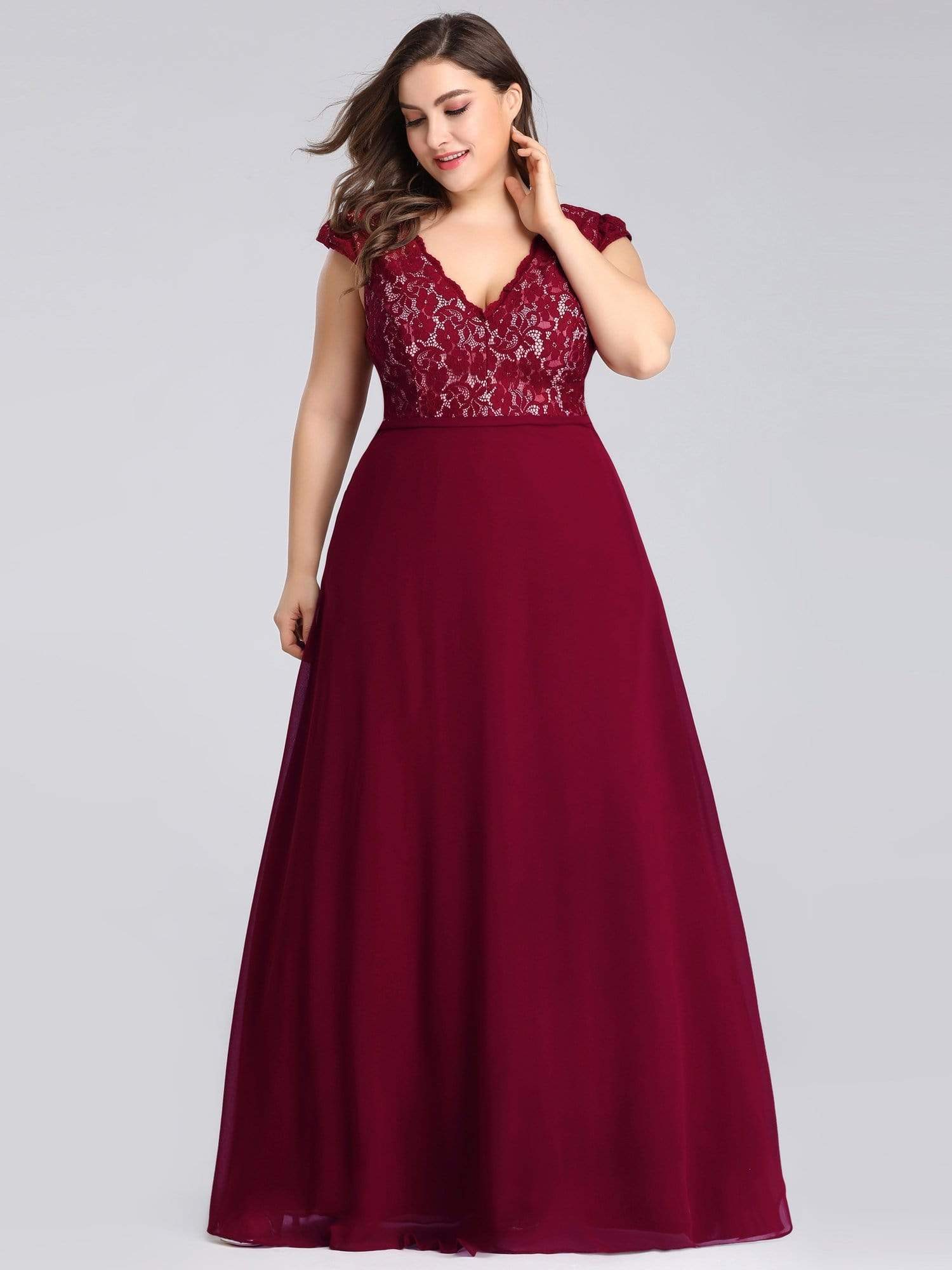 Color=Burgundy | Plus Size Long Evening Dress With Lace Bust-Burgundy 2