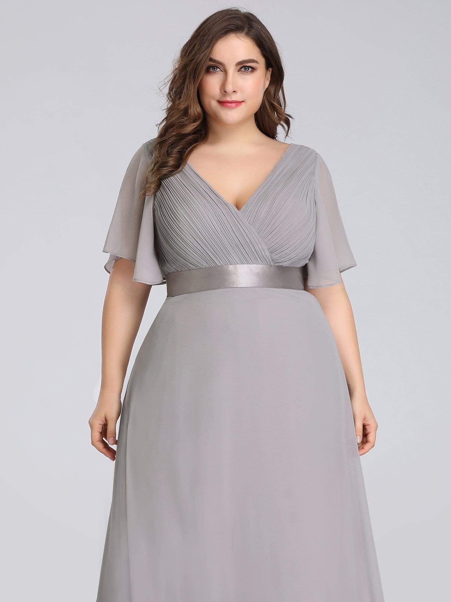 COLOR=Grey | Plus Size Long Empire Waist Evening Dress With Short Flutter Sleeves-Grey 5