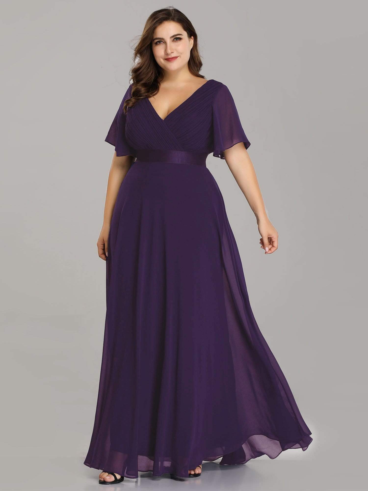 COLOR=Dark Purple | Plus Size Long Empire Waist Evening Dress With Short Flutter Sleeves-Dark Purple 1