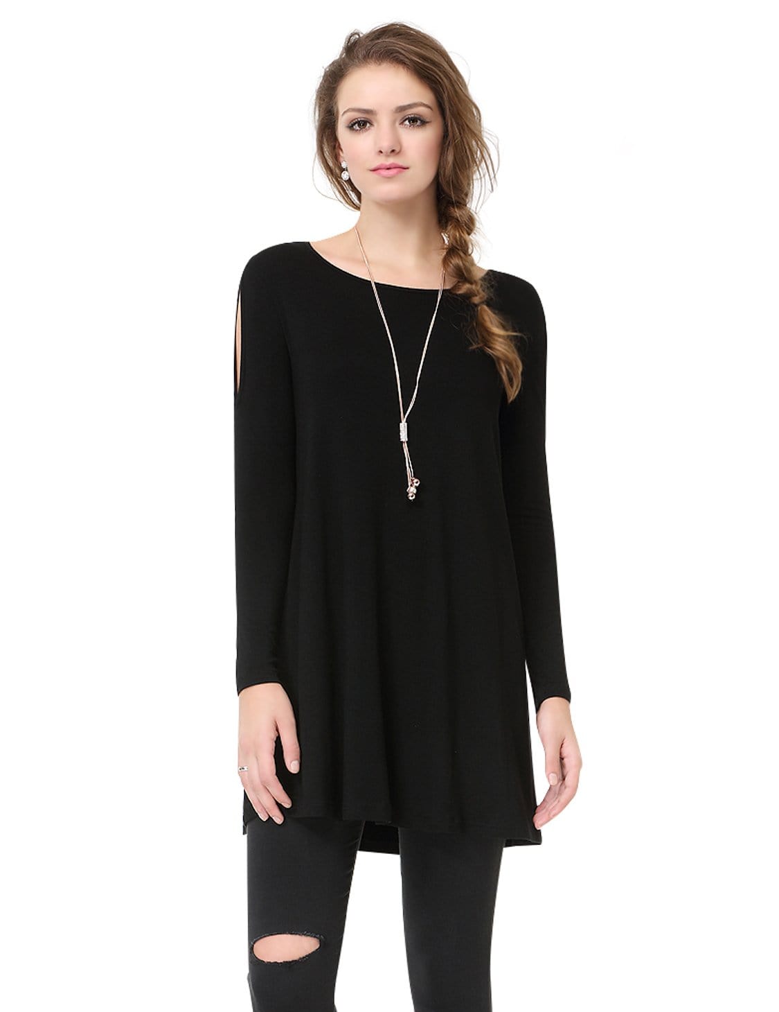 Color=Black | Alisa Pan Simple Fashion Round Neck Long Sleeve T-Shirt-Black 2